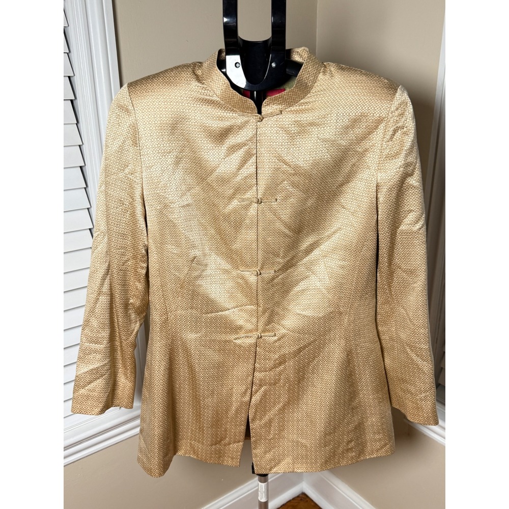 Shanghai Tang Gold 100% Silk Brocade Mandarin Collar Frog Closure Jacket Size 14